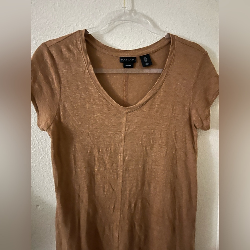 Tahari Tan V-Neck Linen T-Shirt size Small - Picture 5 of 8